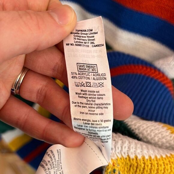 Topman Colorful Blue White Yellow Striped Crewneck Sweater Men’s Medium - Picture 4 of 6